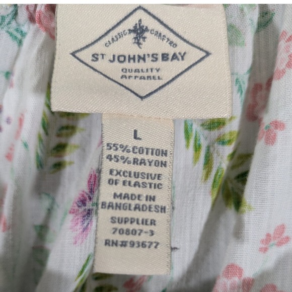 St Johns Bay White Floral Women's Round Neck‎ Peasant Style Blouse Size L - Picture 7 of 7
